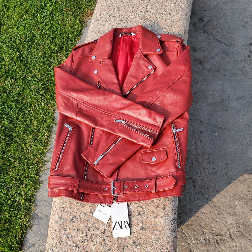 ZARA real sheep leather red jacket. Size: Large.